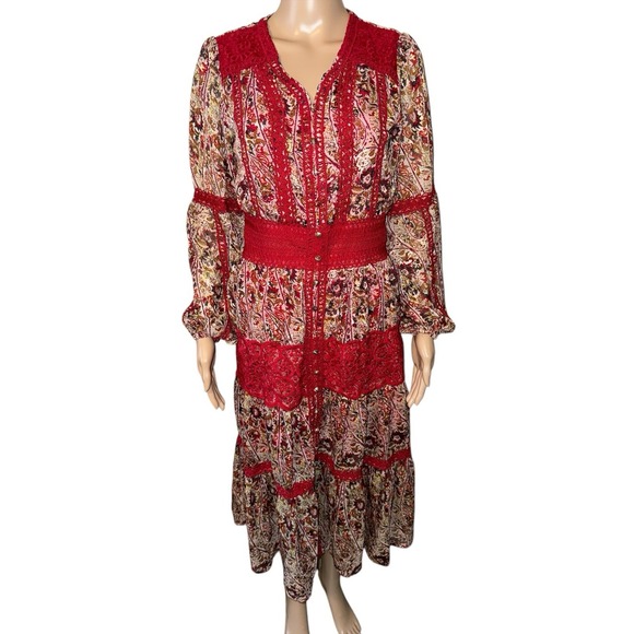 Vintage Prairie Dress Burgundy Floral L‎ Maxi Long Sleeve Peasant Victorian - Picture 1 of 12
